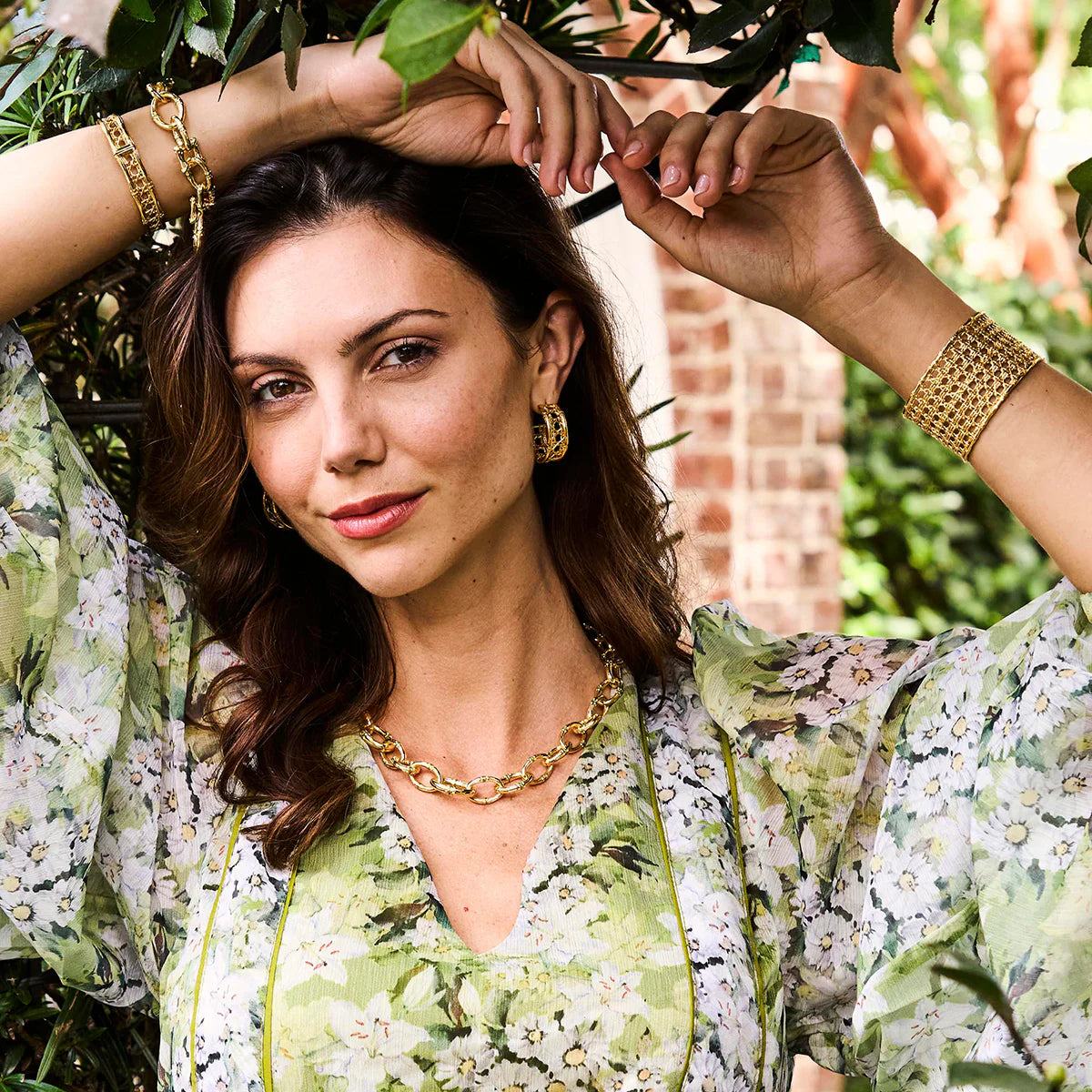 Bangkok Bamboo Link Necklace, 18" Gold/Green Enamel
