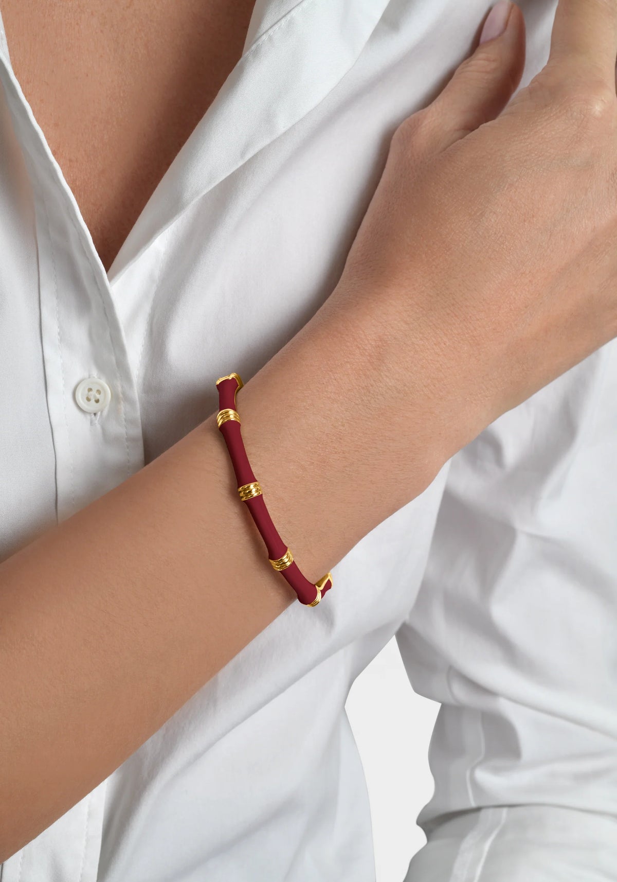 Bamboo Enameled Hinged Bangle - Burgundy