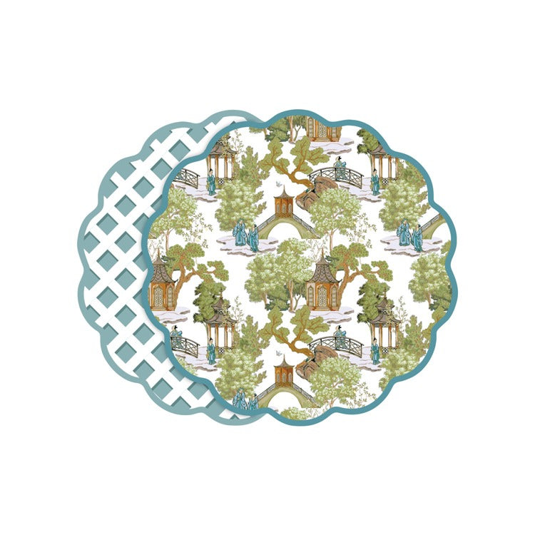 VIDA Pagoda and Lattice Reversible Round Placemat Set | Blue & Green