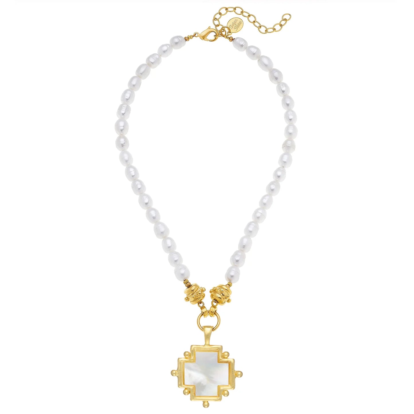 Handcast Gold Cross with Mother of Pearl on Freshwater Pearl Necklace