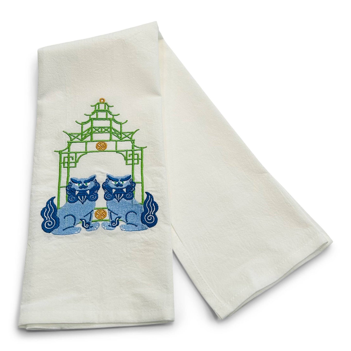 Towel - Blue Shisa Lions with Green Pagoda on white