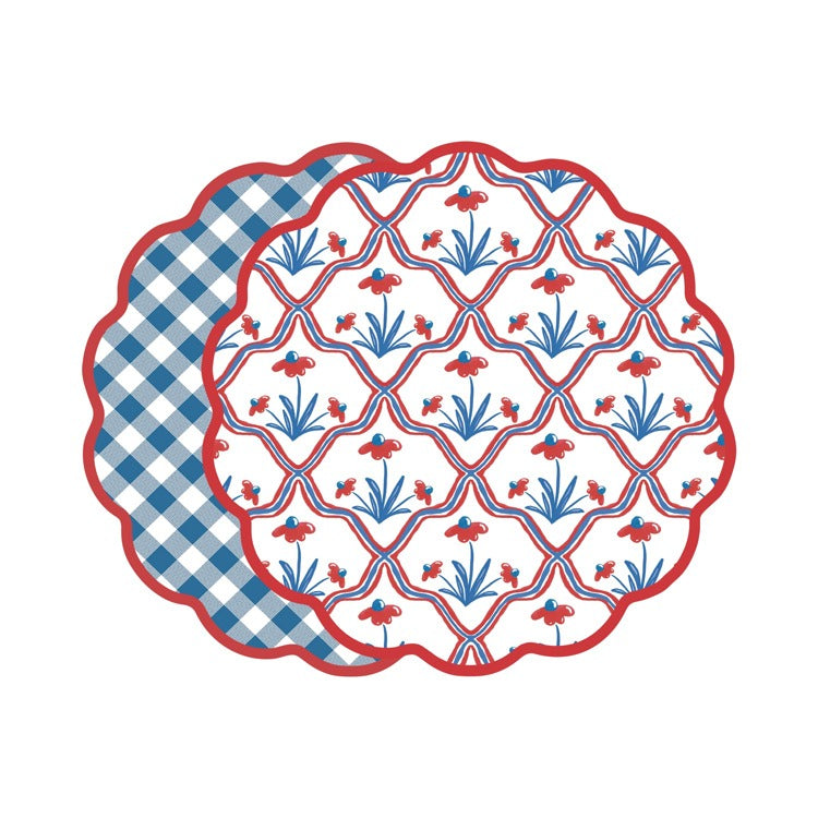 VIDA American Floral and Gingham Reversible Round Placemat Set | Red & Blue