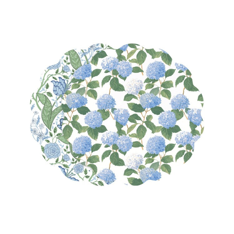 VIDA Blue Hydrangea and Floral Reversible Round Placemat Set | Blue & Green
