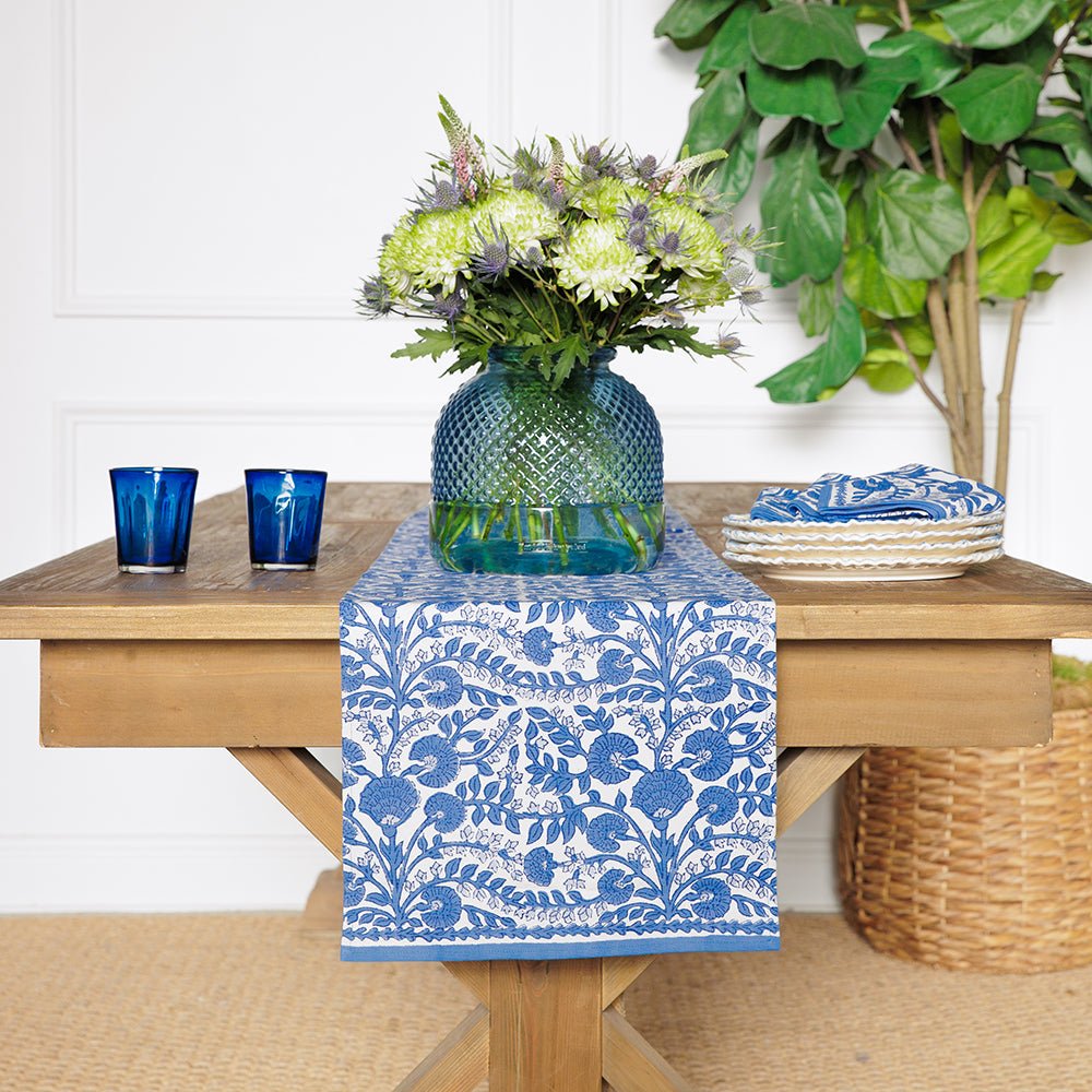 Cactus Flower Blue Table Runner