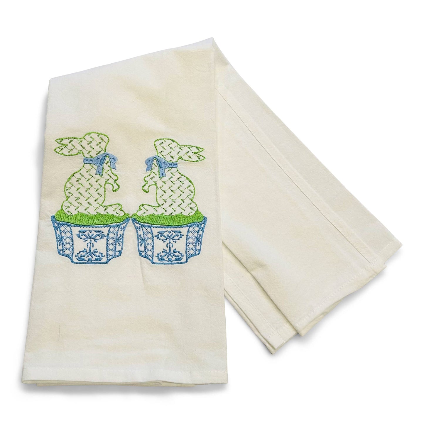 Towel - Pair of Fishtail Bunnies - Green on white
