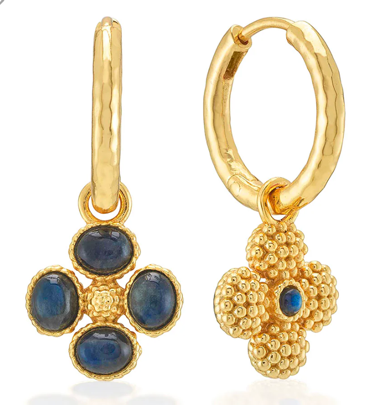 Berry Clover Hoop Earrings with Double Sided Charm - Blue Labradorite