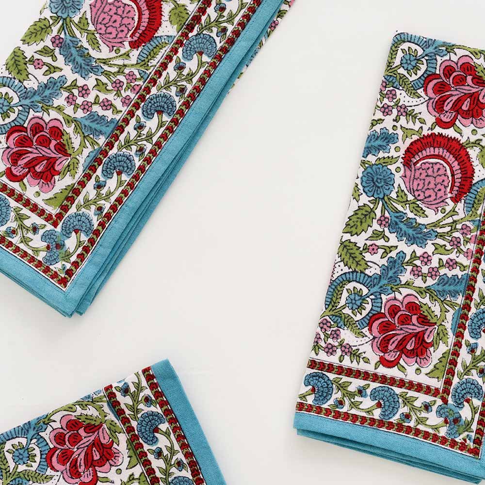 Bohemian Floral Turquoise and Cranberry Napkin | Set of 4