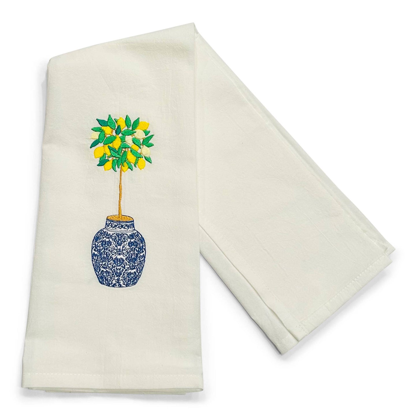 Towel - Lemon Tree in Blue and White Planter Pot on white