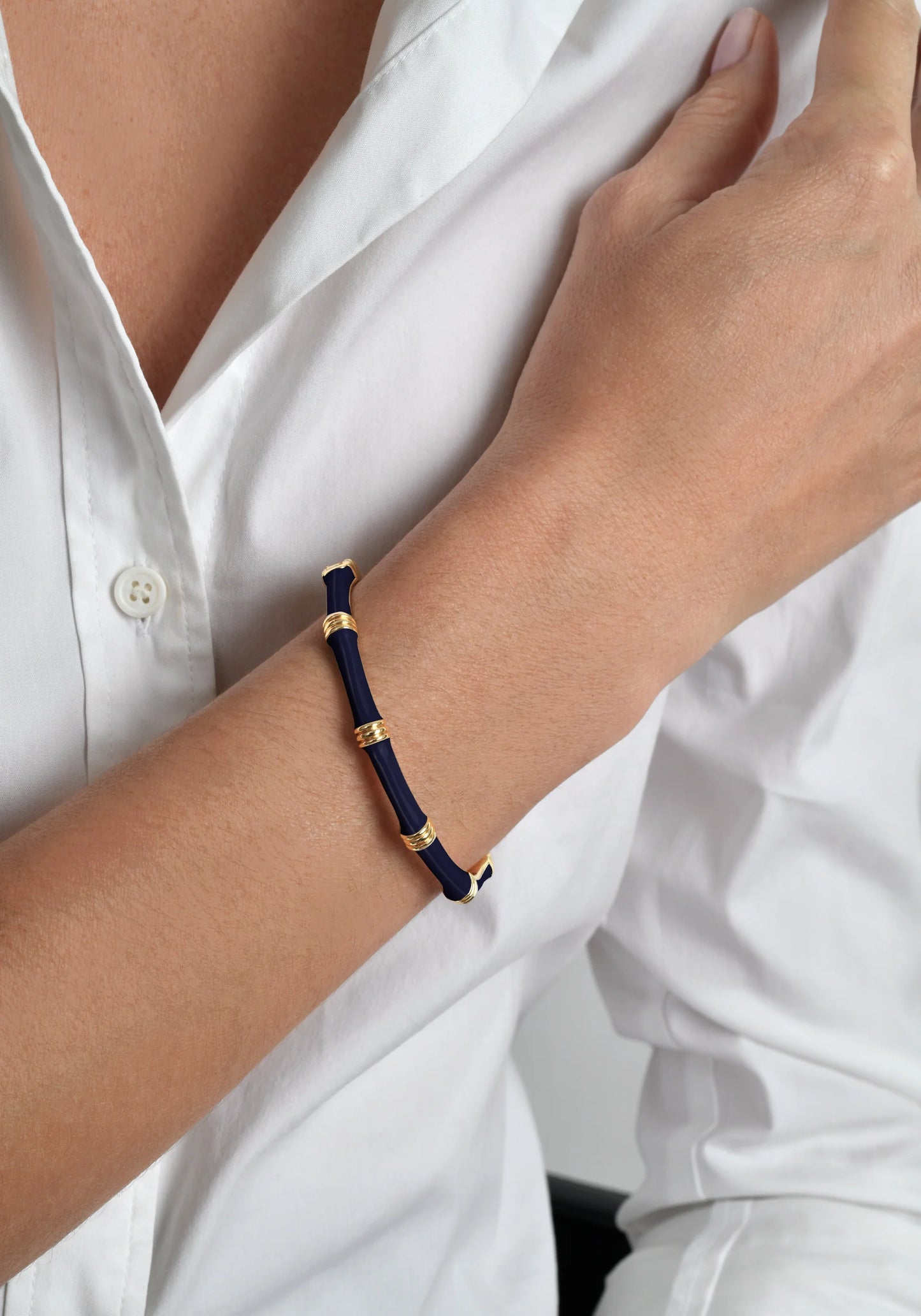 Bamboo Enameled Hinged Bangle - Atlantic Navy Blue