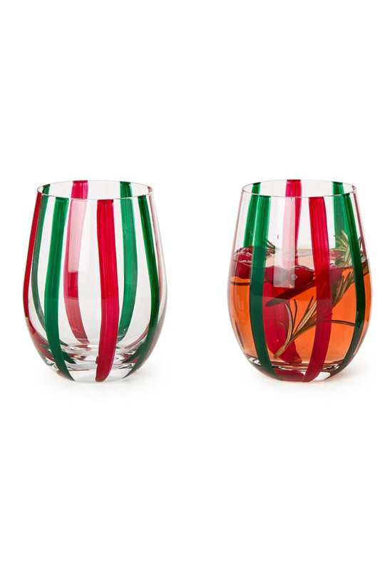 Holiday Cheer Striped Stemless Wine Glass
