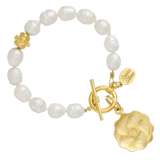 Gold Oyster Plate Genuine Fresh Water Pearl Toggle Bracelet