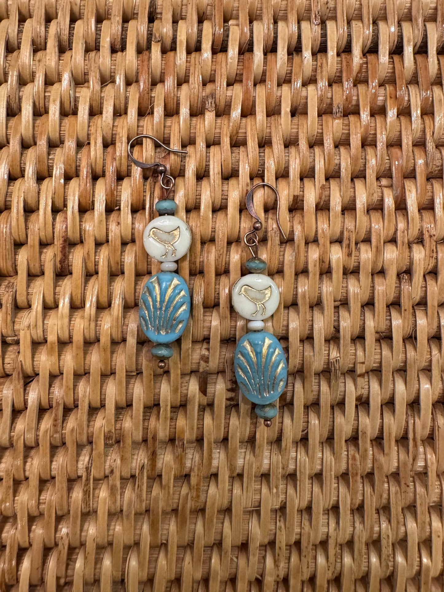 Turquoise + White Czech Glass Earrings with Birds