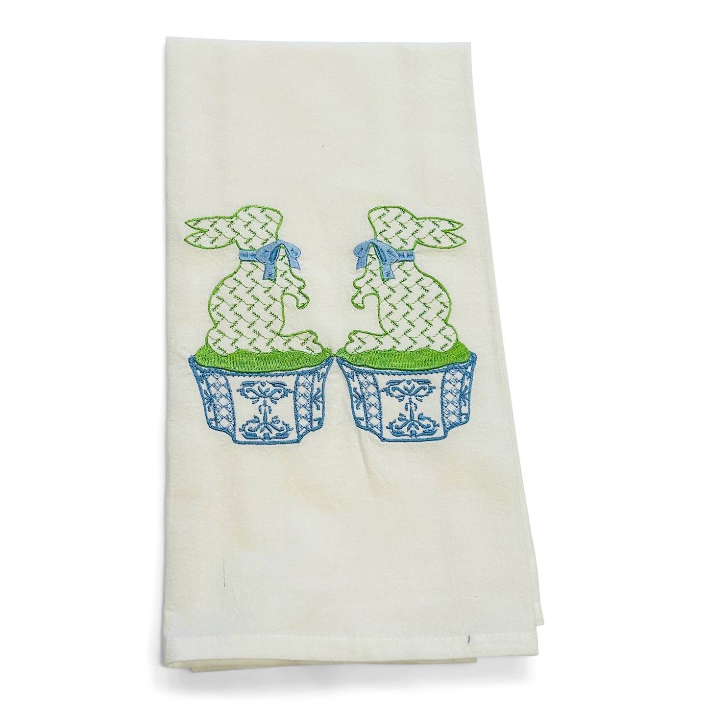Towel - Pair of Fishtail Bunnies - Green on white