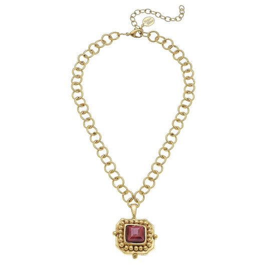 London Necklace | Handcast Gold Pendant & Red Crystal Chain Necklace