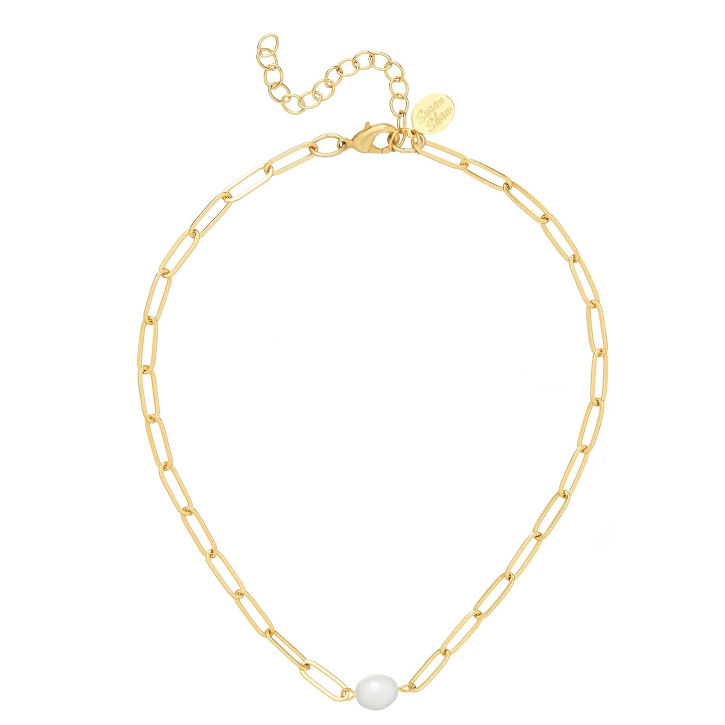 Penny Necklace | Gold Paperclip Chain with Center Freshwater Pearl Choker Necklace