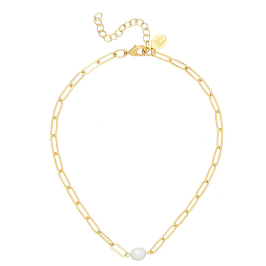 Penny Necklace | Gold Paperclip Chain with Center Freshwater Pearl Choker Necklace