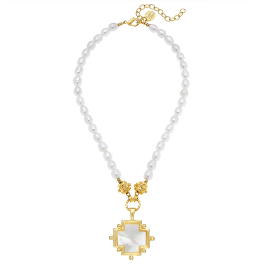 Handcast Gold Cross with Mother of Pearl on Freshwater Pearl Necklace