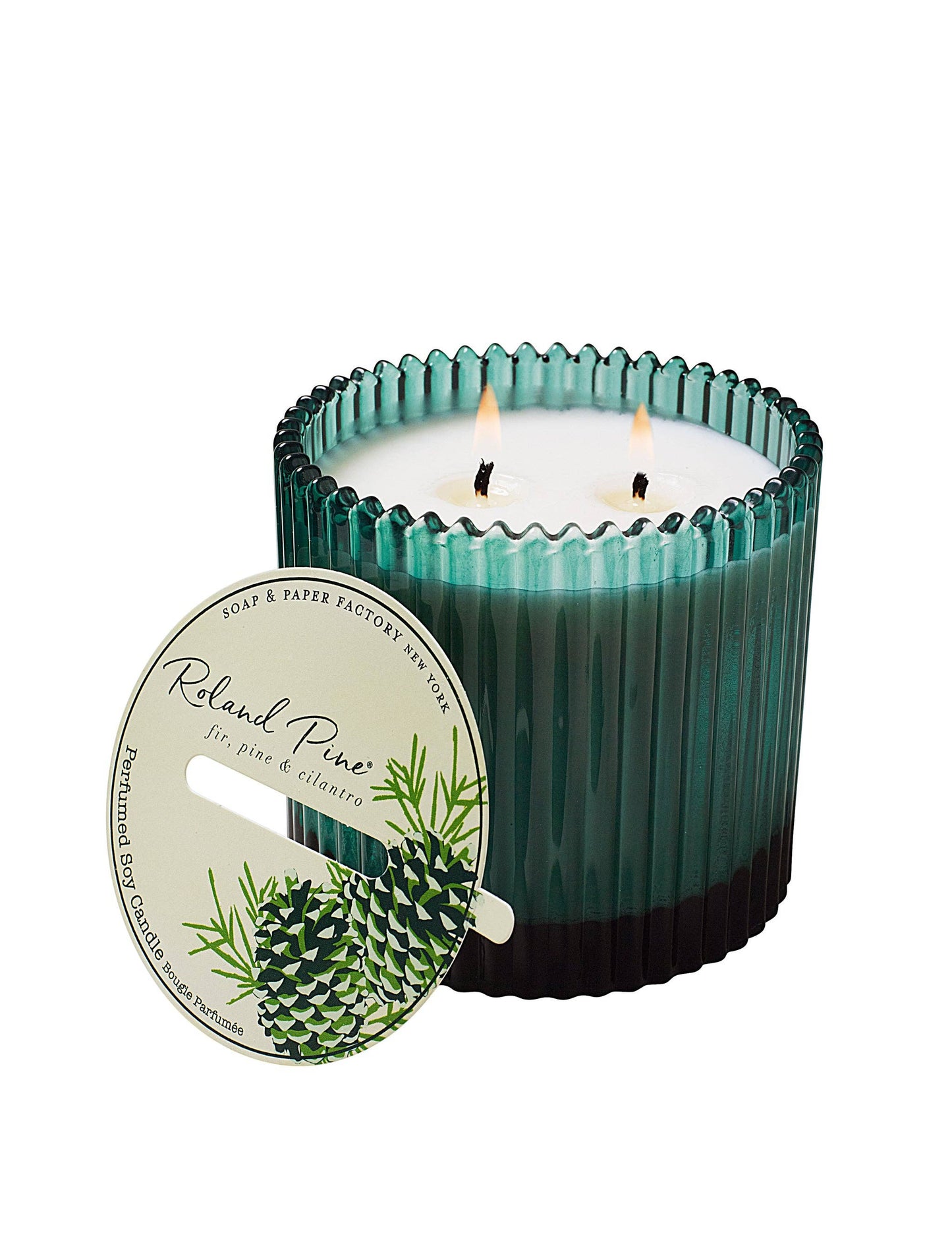 Roland Pine Two-Wick Green Ribbed Glass Candle