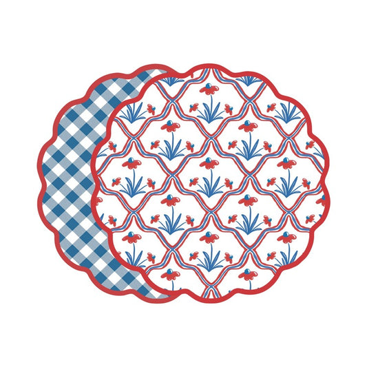 VIDA American Floral and Gingham Reversible Round Placemat Set | Red & Blue