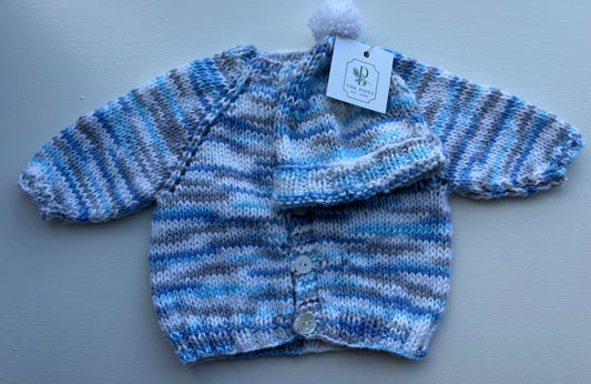 Multi Light Blue Layette Sweater and Cap