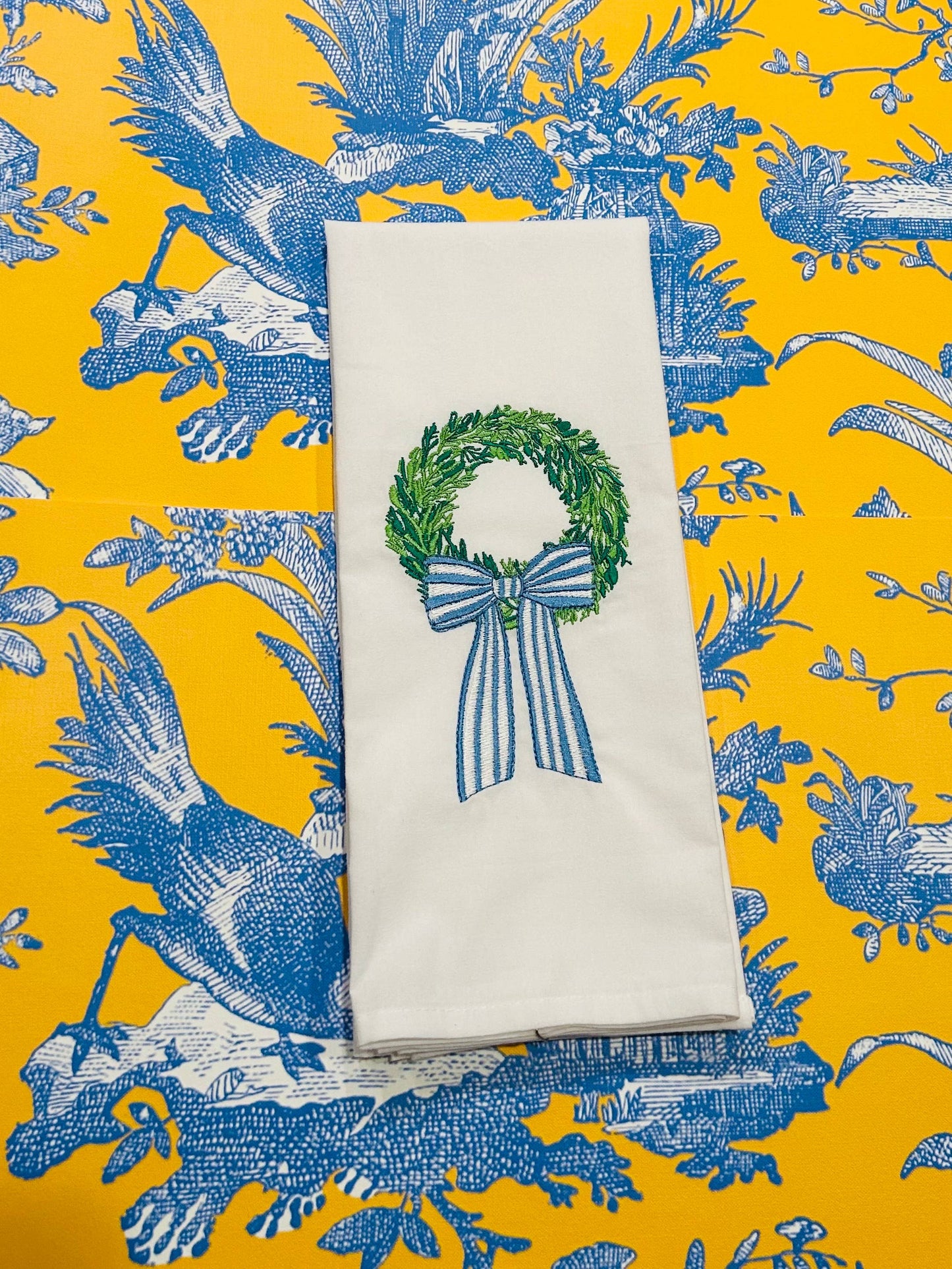 Spring Wreath Blue Striped Bow Cotton Towel