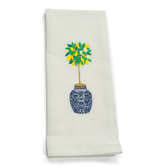 Towel - Lemon Tree in Blue and White Planter Pot on white