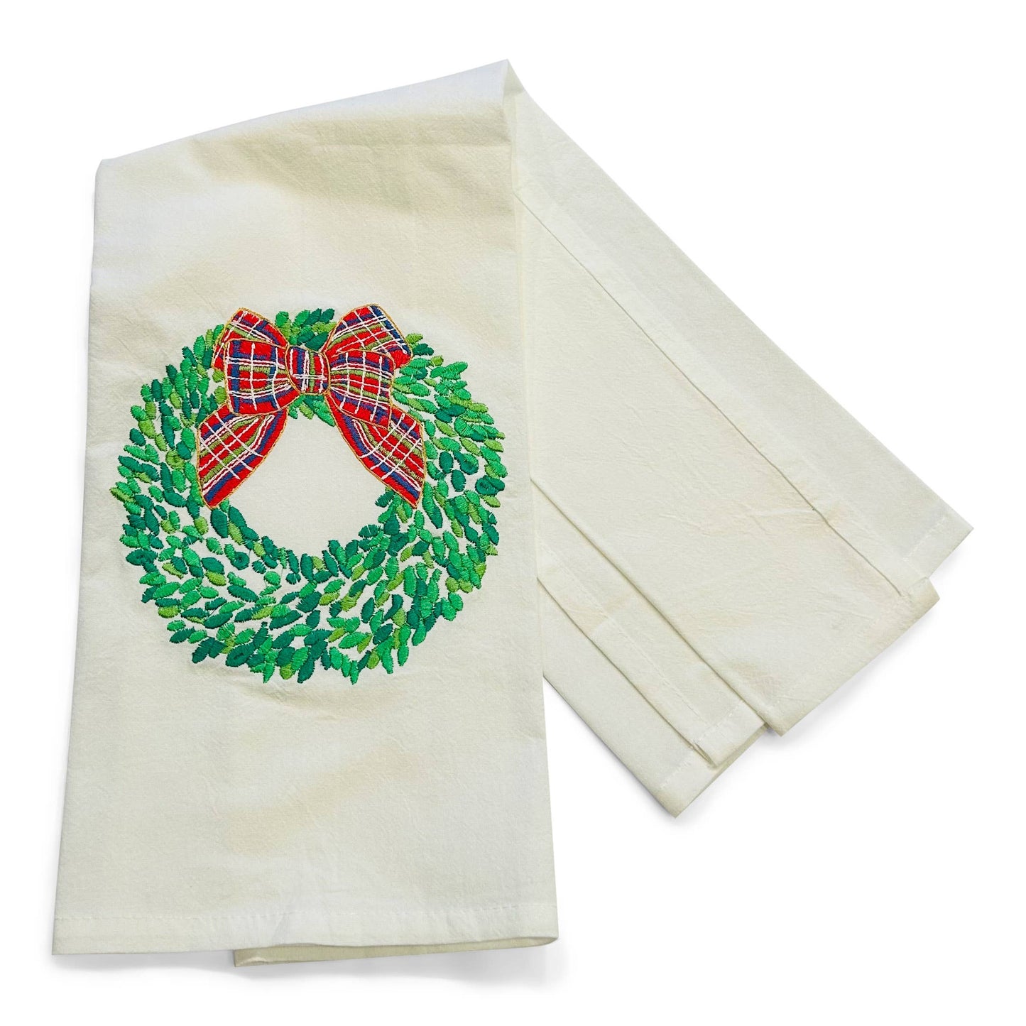 Boxwood Wreath with Red Bow on White Cotton Towel