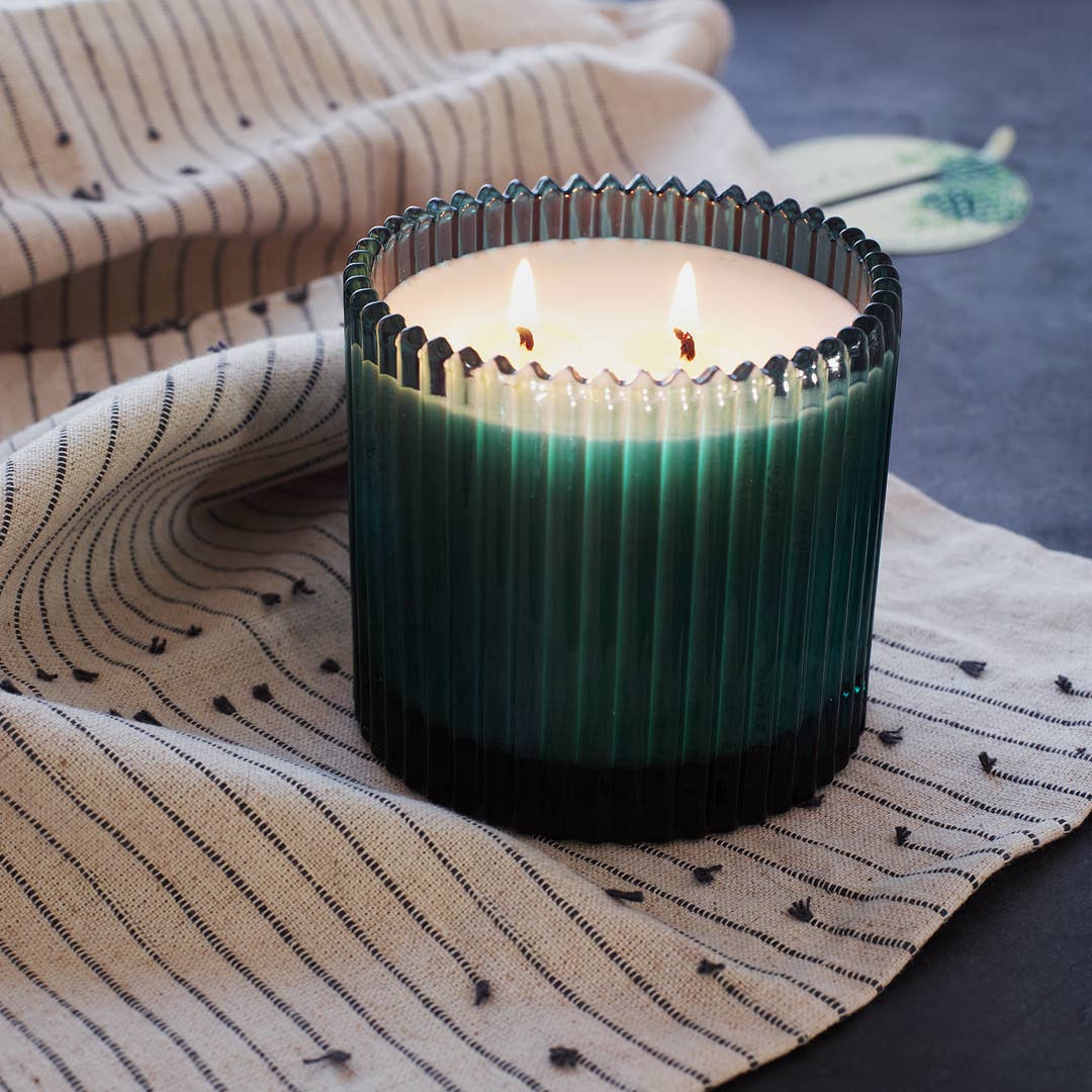 Roland Pine Two-Wick Green Ribbed Glass Candle