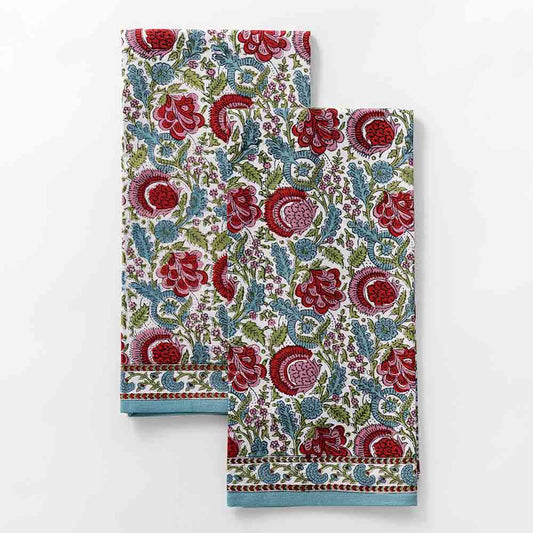 Bohemian Floral Turquoise & Cranberry Tea Towels | Set of 2