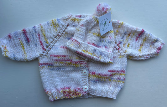 White Multi Pastel Layette Sweater and Cap