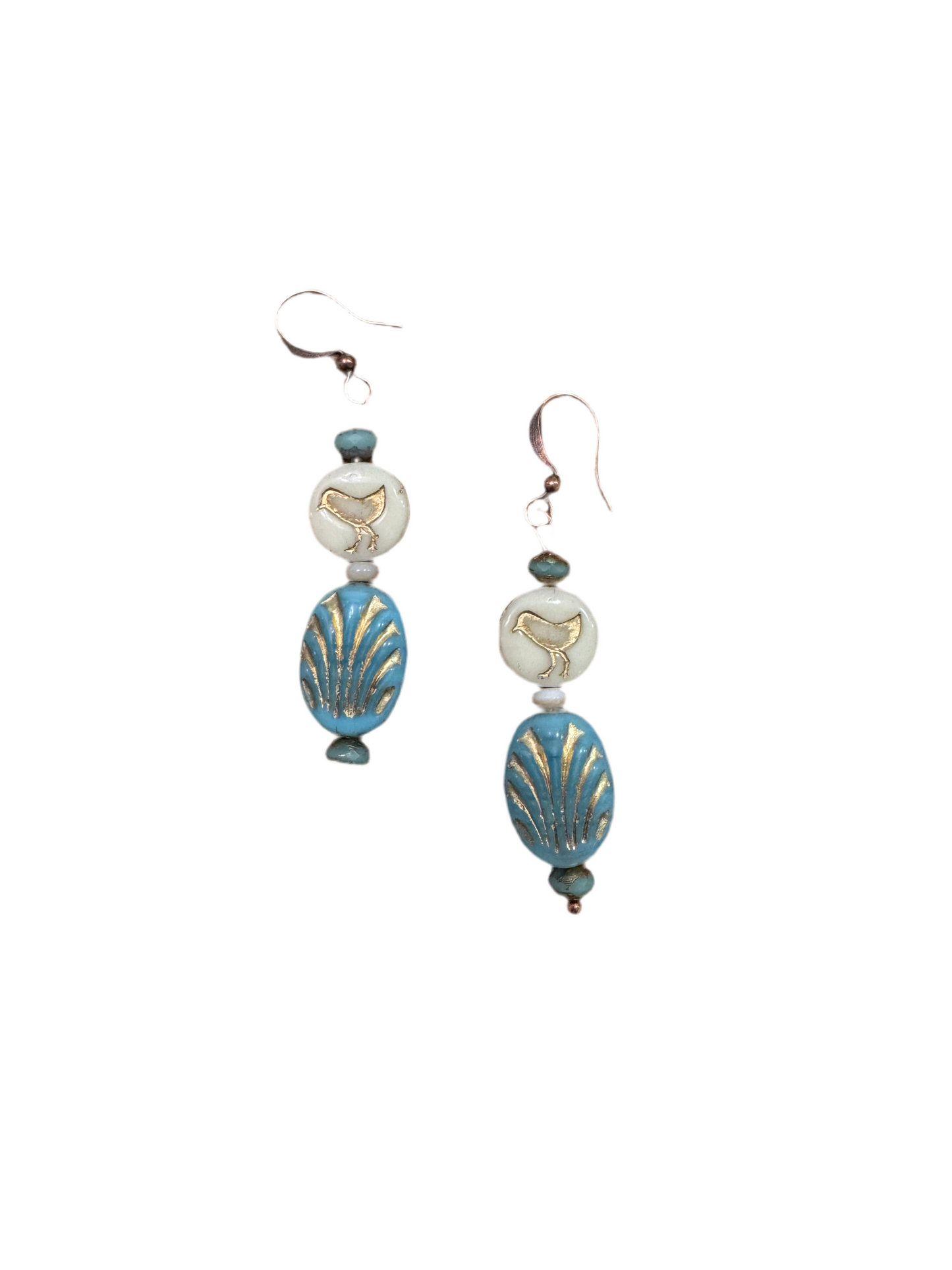 Turquoise + White Czech Glass Earrings with Birds