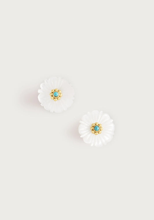Milos Carved Stone Flower Stud Earrings | Pearl