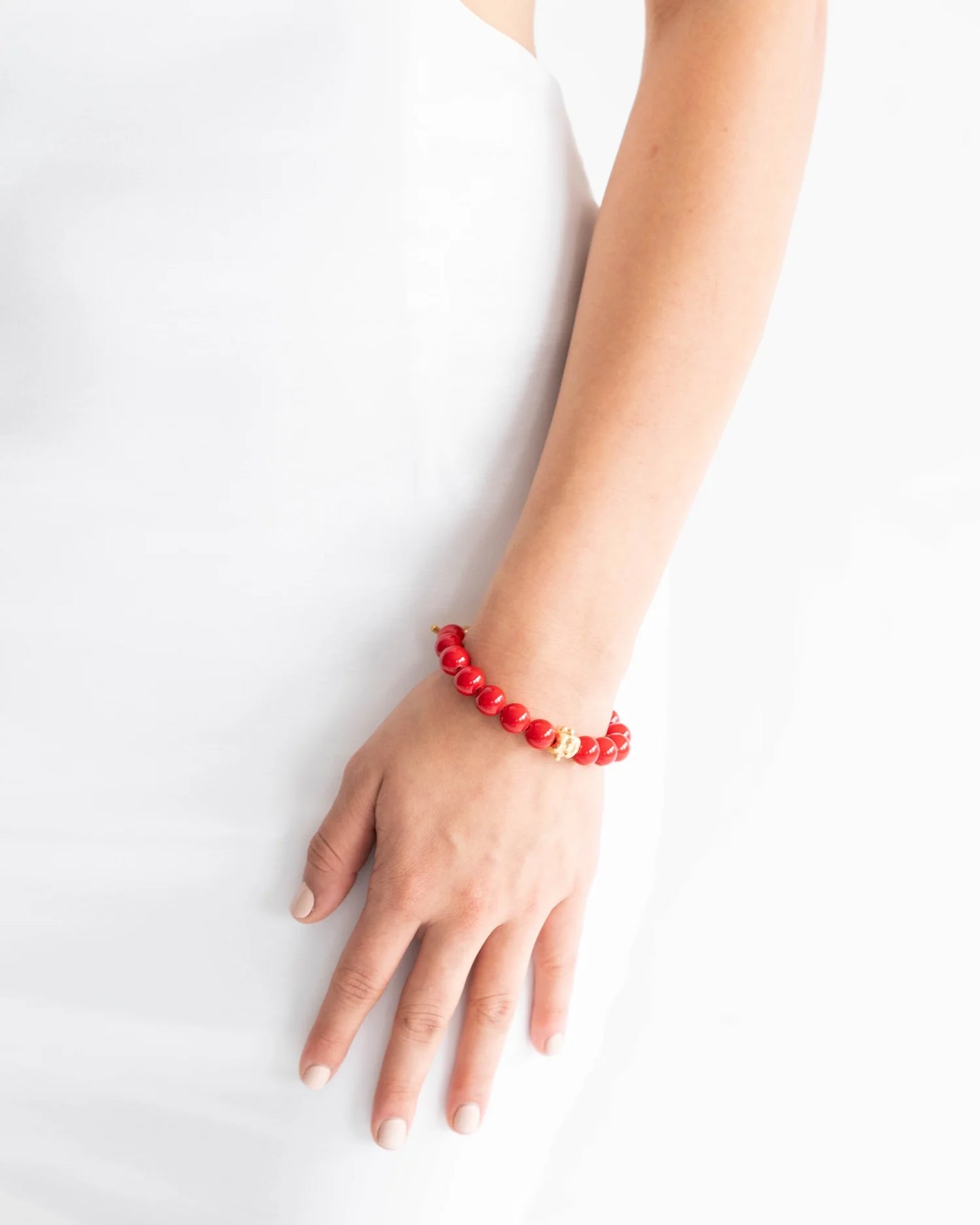 Bailey Stretch Bracelet | Handcast Gold Bead & Red Coral Stretch Bracelet