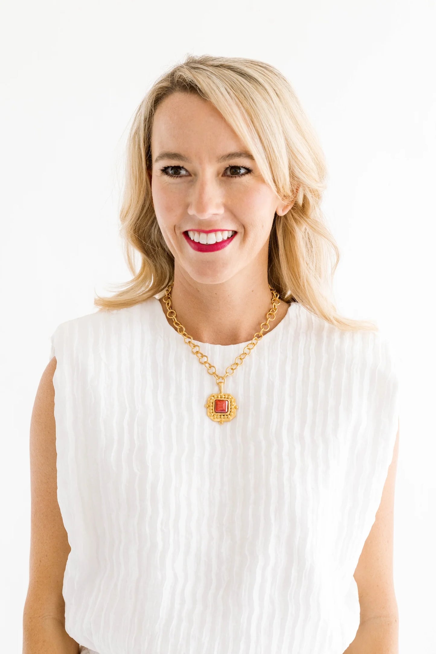 London Necklace | Handcast Gold Pendant & Red Crystal Chain Necklace