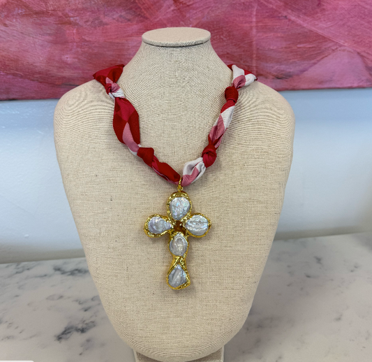 Pearl and gold cross pendant scarf necklace