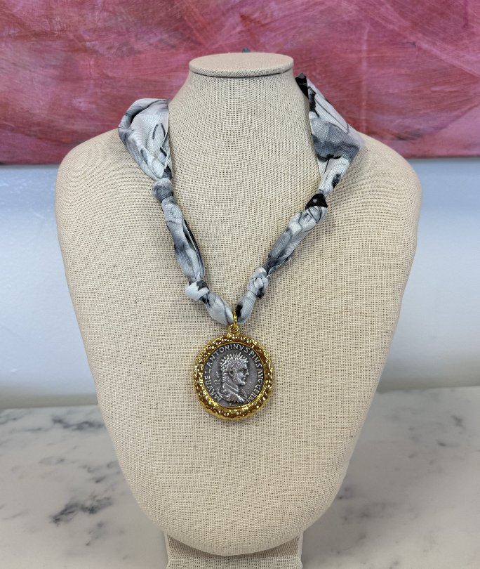 Mixed metal greek coin scarf necklace (Black and White)