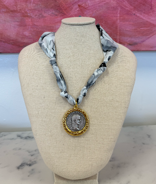 Mixed metal greek coin scarf necklace (Black and White)