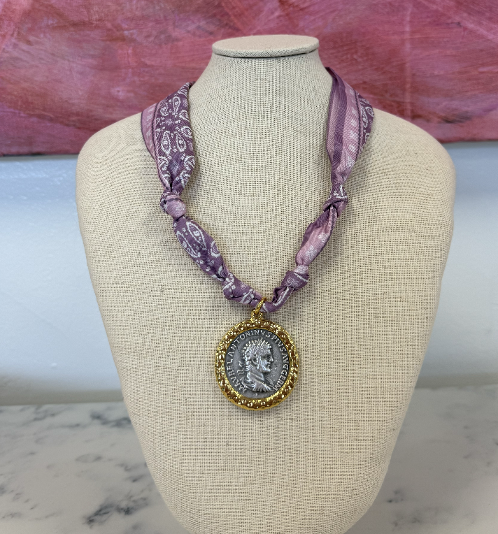 Mixed metal greek coin scarf necklace (Purple Paisley)