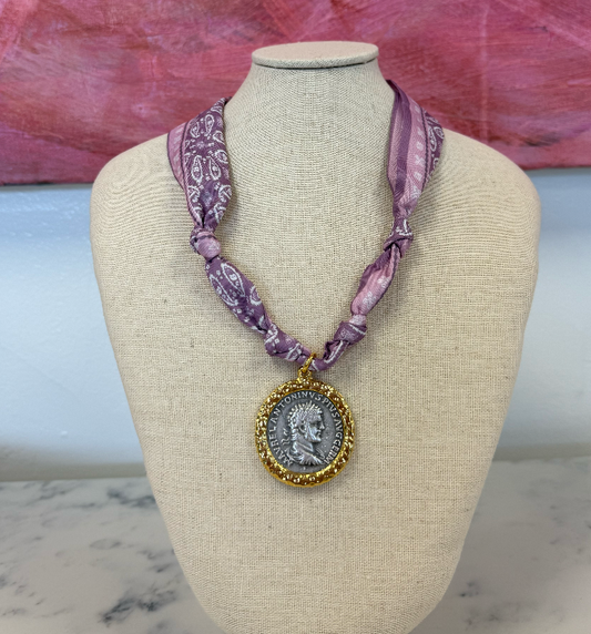 Mixed metal greek coin scarf necklace (Purple Paisley)