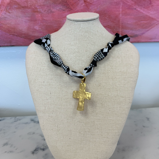 Small Hammered Cross Scarf Necklace (white and black)