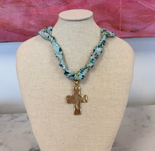 Small Hammered Cross Scarf Necklace (blue floral)
