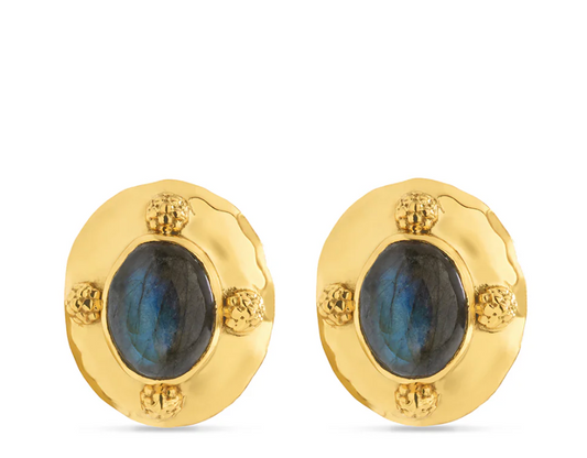 Cleopatra Oval Clip Earrings - Gold/Blue Labradorite
