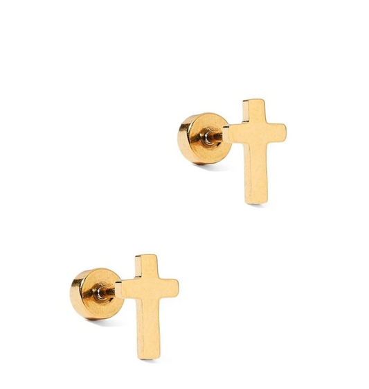 Catherine Cross Gold Screwback Stud Earrings
