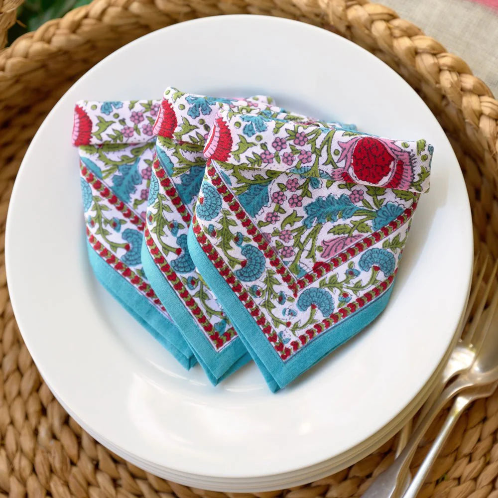 Bohemian Floral Turquoise and Cranberry Napkin | Set of 4