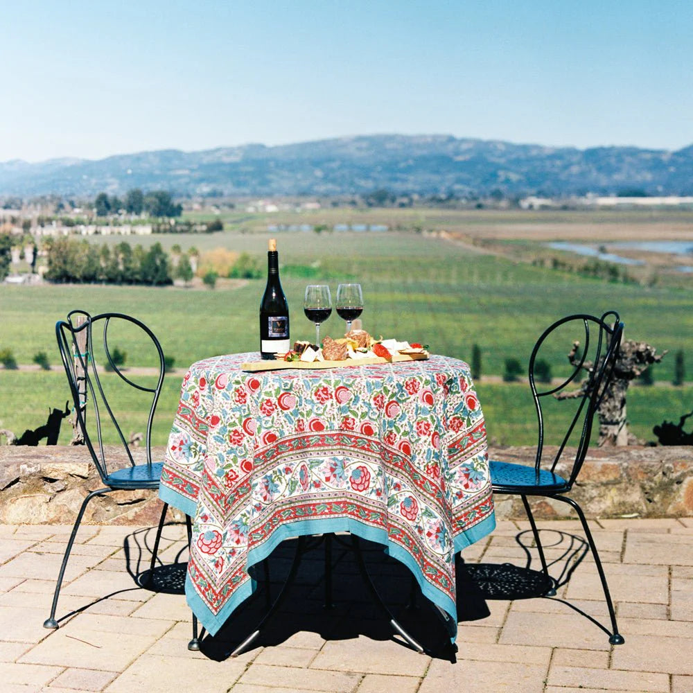 Bohemian Floral Turquoise and Cranberry Tablecloth