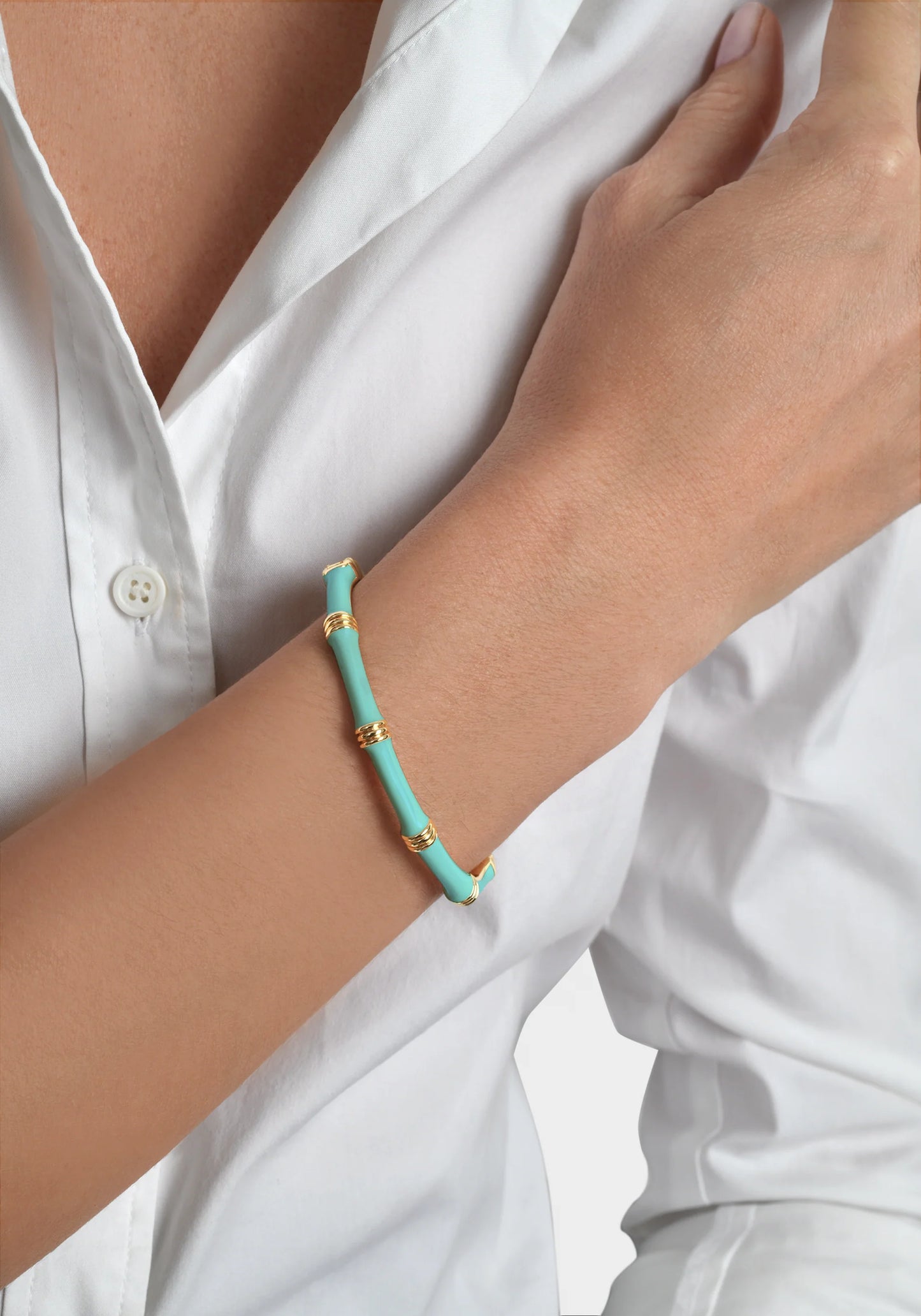 Bamboo Enameled Hinged Bangle - Turquoise