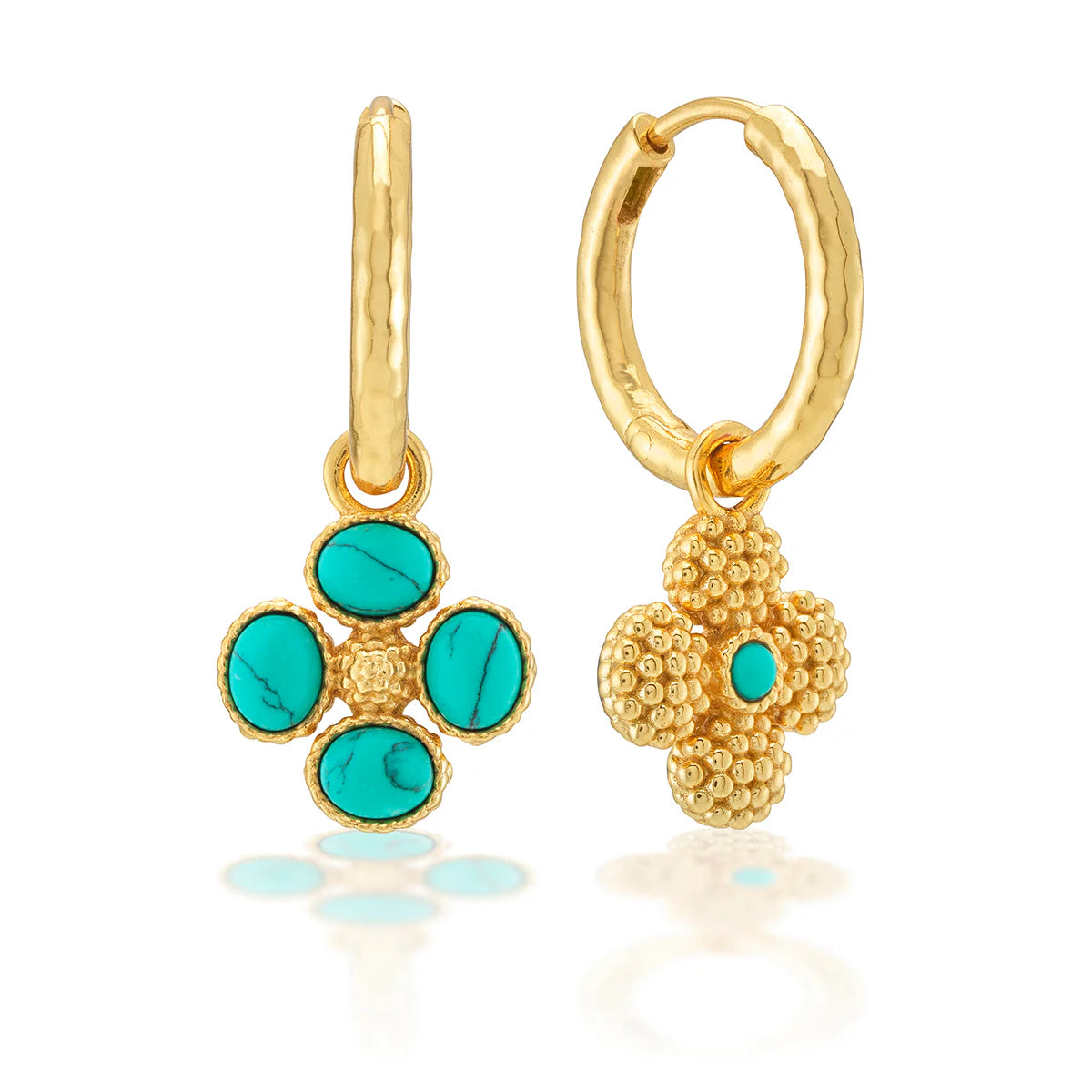 Berry Clover Hoop Earrings with Double Sided Charm - Turquoise