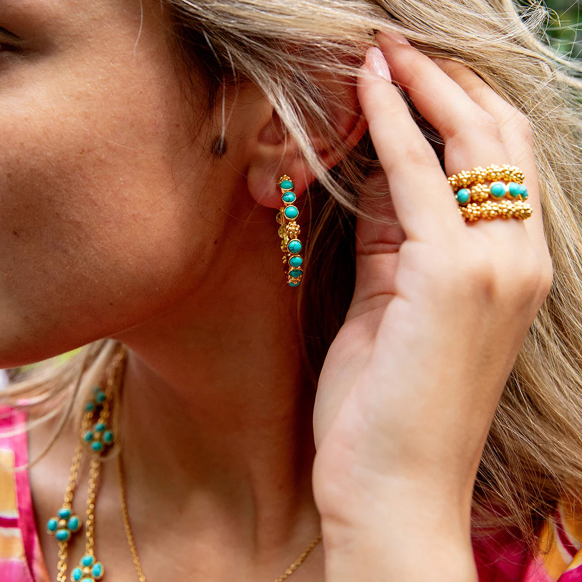 Berry Gem Medium Hoop Earrings - Turquoise
