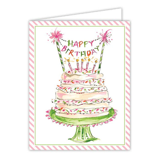 Happy Birthday Banner Pink and Green Cake Greeting Card