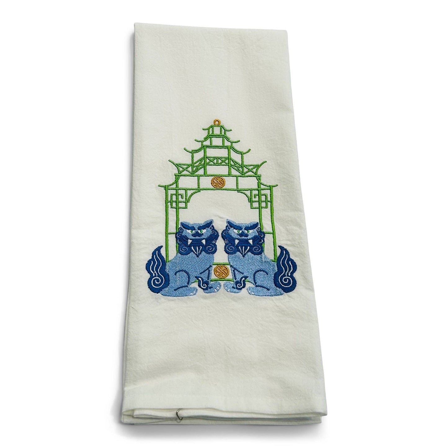 Towel - Blue Shisa Lions with Green Pagoda on white